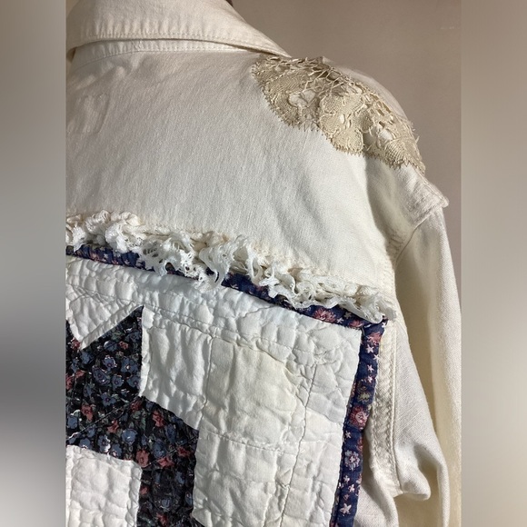 Upcycled Linen Cotton Womens Jacket Size M Boho OOAK Shabby Chic Patches Quilted - Picture 8 of 16